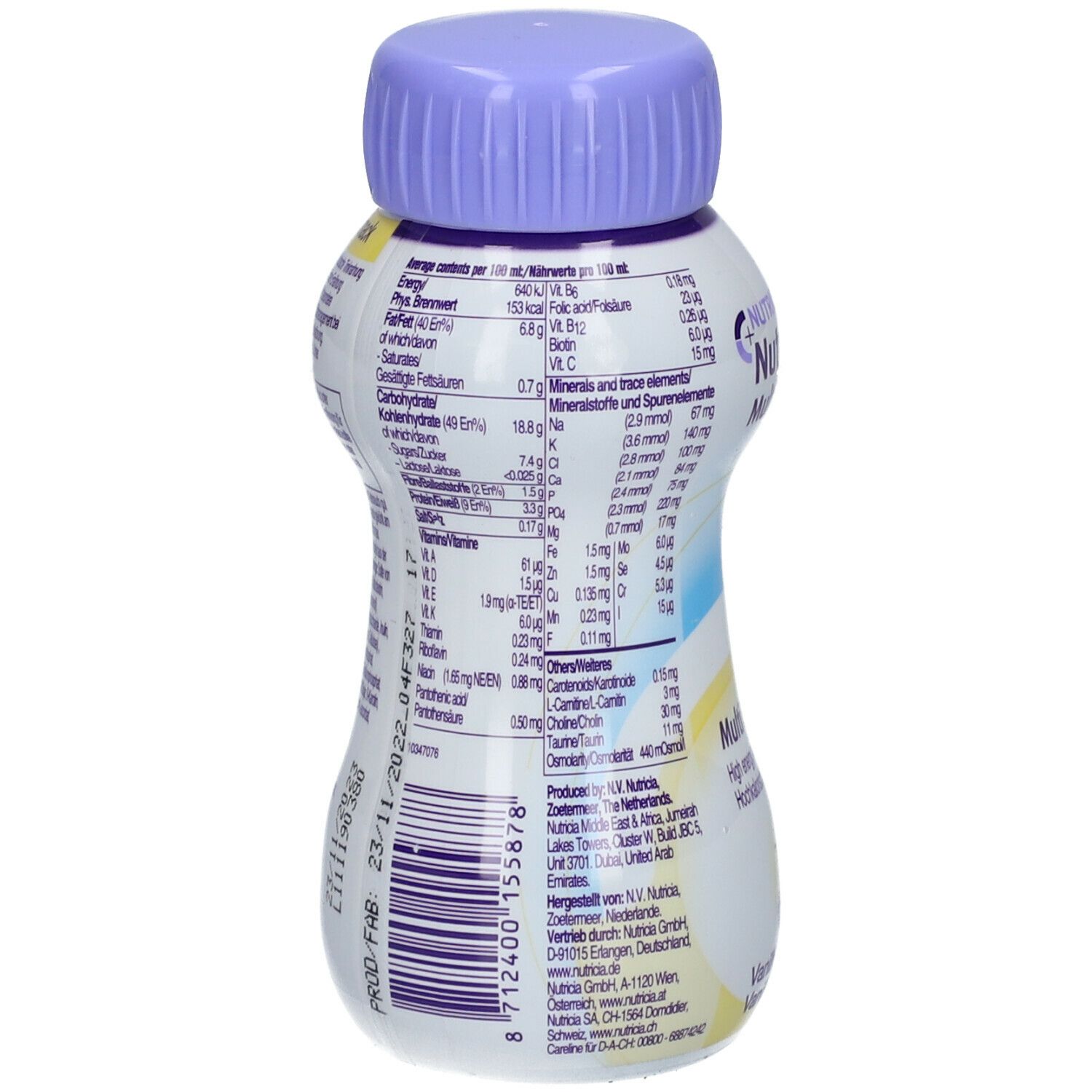 Dos de la bouteille NutriniDrink Multi Fibre Vanille. Contient des informations nutritionnelles et du fabricant.