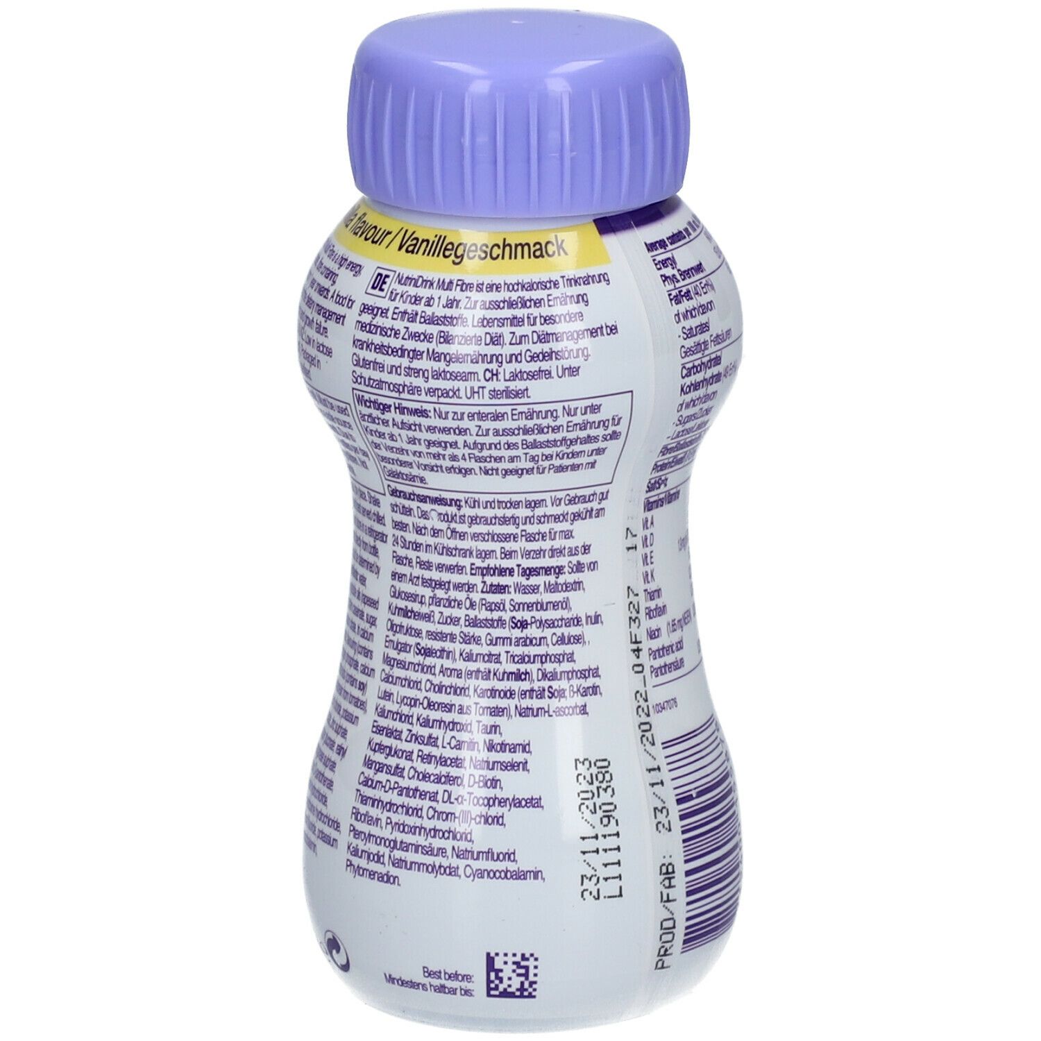 Dos de la bouteille NutriniDrink Multi Fibre Vanille. Informations textuelles sur le produit et valeurs nutritionnelles.