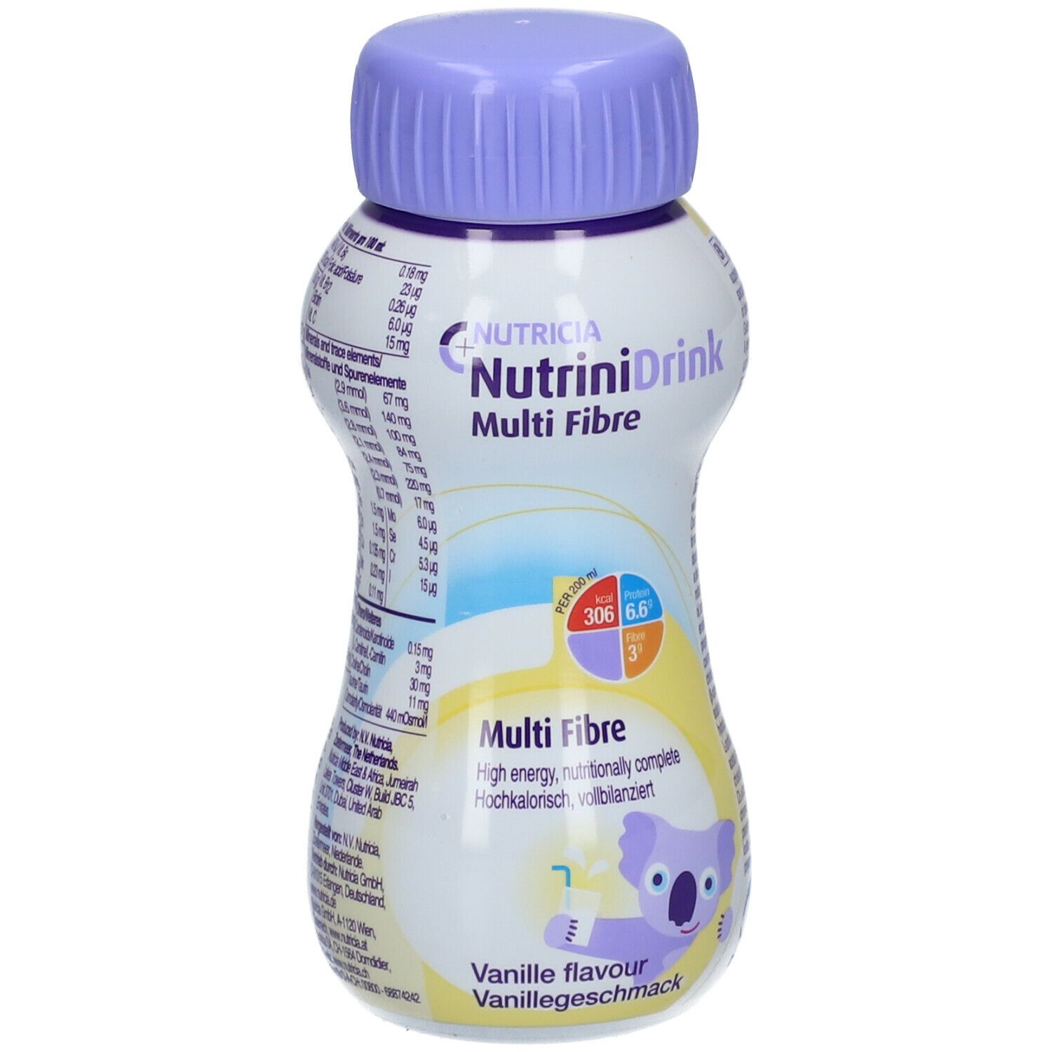 Bouteille NutriniDrink Multi Fibre Vanille. Bouchon violet, étiquette blanche avec informations et illustration de koala.
