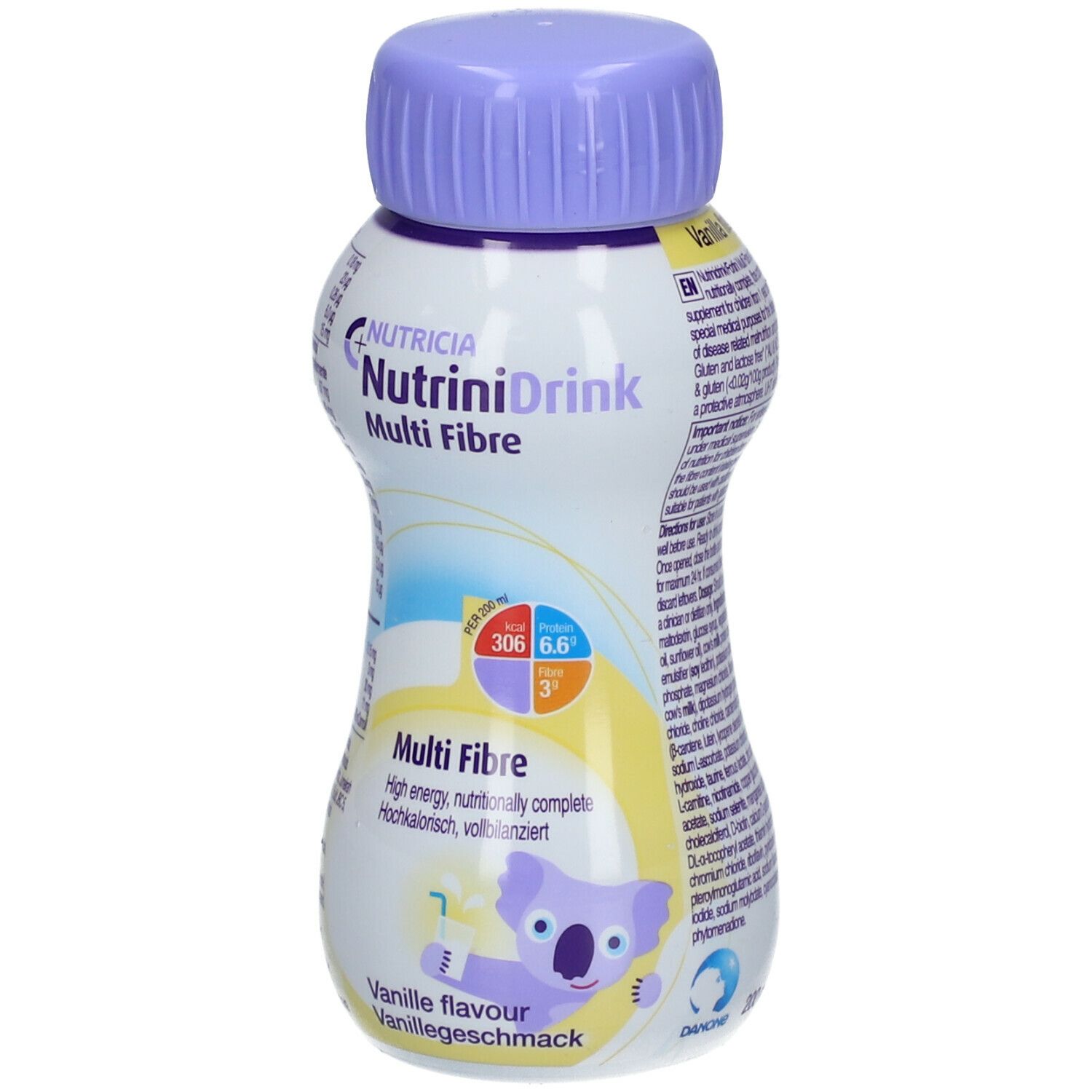 Bouteille NutriniDrink Multi Fibre Vanille. Bouchon violet, étiquette blanche avec informations et illustration de koala.