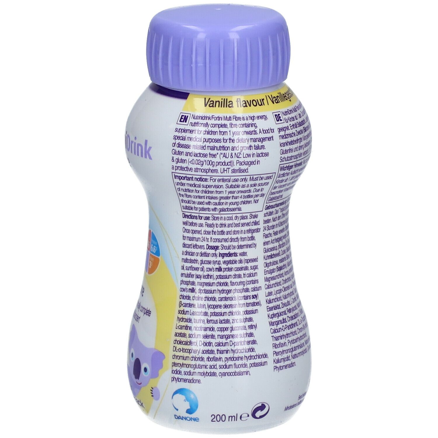 Dos de la bouteille NutriniDrink Multi Fibre Vanille. Contient du texte, des informations nutritionnelles et du fabricant.