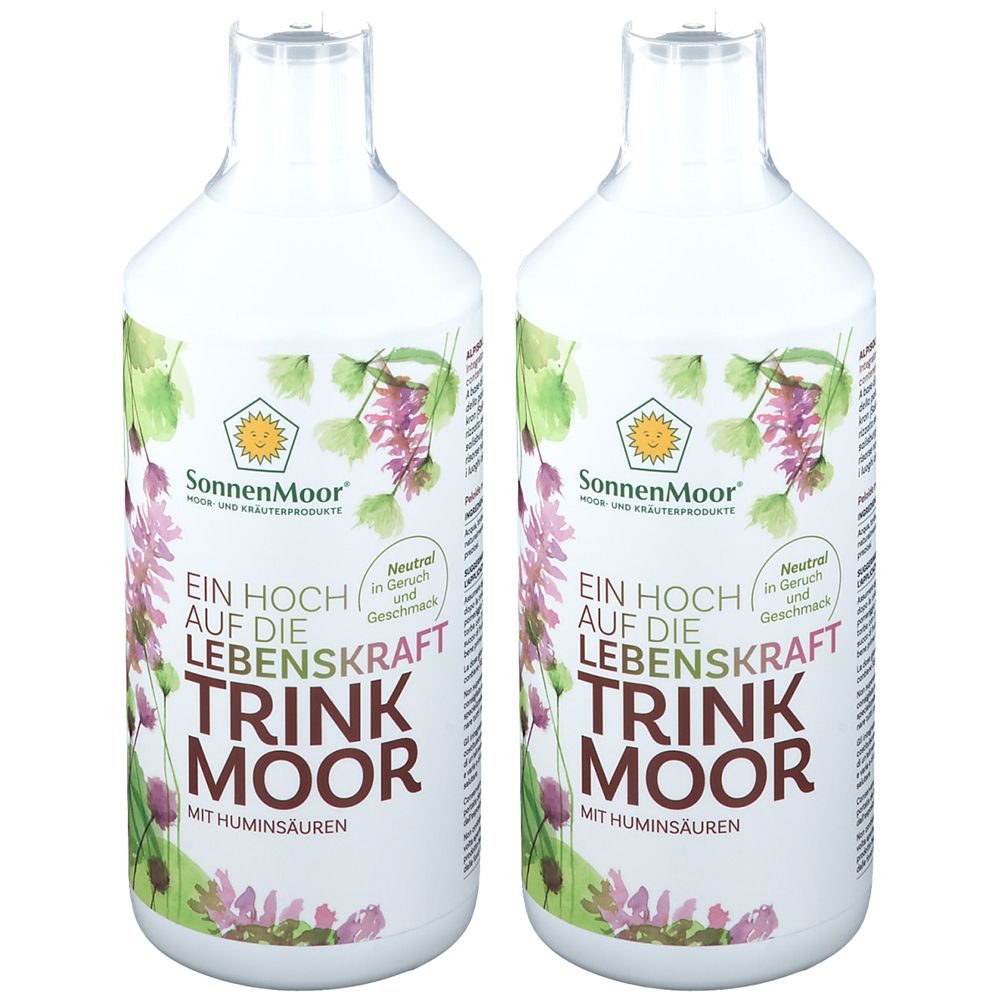Deux bouteilles avec étiquettes. Inscription: SonnenMoor Trink Moor. Avec un design floral et du texte. Neutre en odeur et en goût.