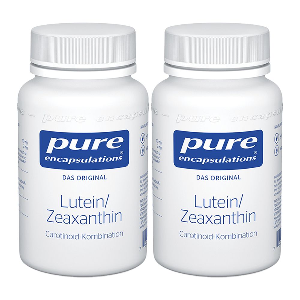 Zwei weiße Flaschen mit blauer Aufschrift "pure encapsulations® Lutein/Zeaxanthin".
