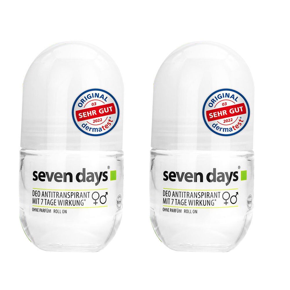 Zwei Antitranspirant-Roll-ons mit weißer Kappe und transparentem Behälter. Aufschrift: seven days, Deo Antitranspirant, dermatest-Siegel.