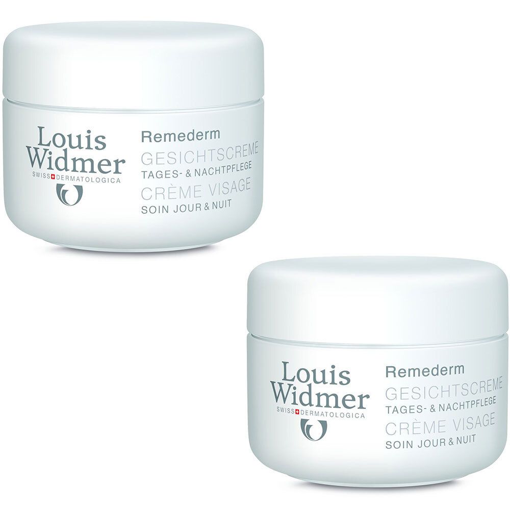 Deux pots de crème blancs avec couvercles. Inscription : Louis Widmer, Remederm, Crème Visage, Soin Jour & Nuit.