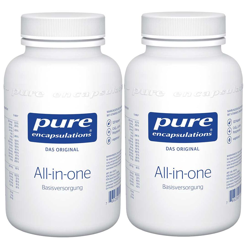 Zwei weiße Flaschen mit Schraubverschluss. Auf der Vorderseite steht "pure encapsulations" und "All-in-one".