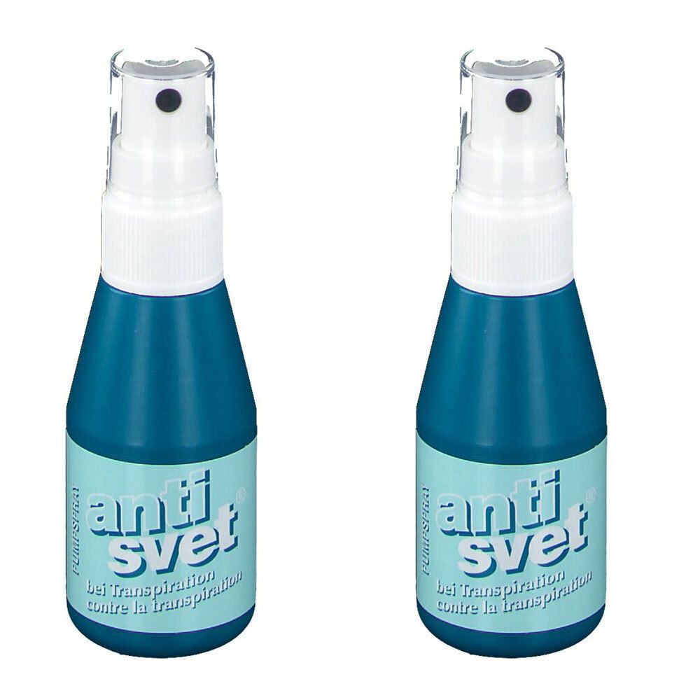 Zwei blaue Pumpspray-Flaschen mit weißem Sprühkopf. Auf den Etiketten steht "anti svet" und "Lei Transpiration".