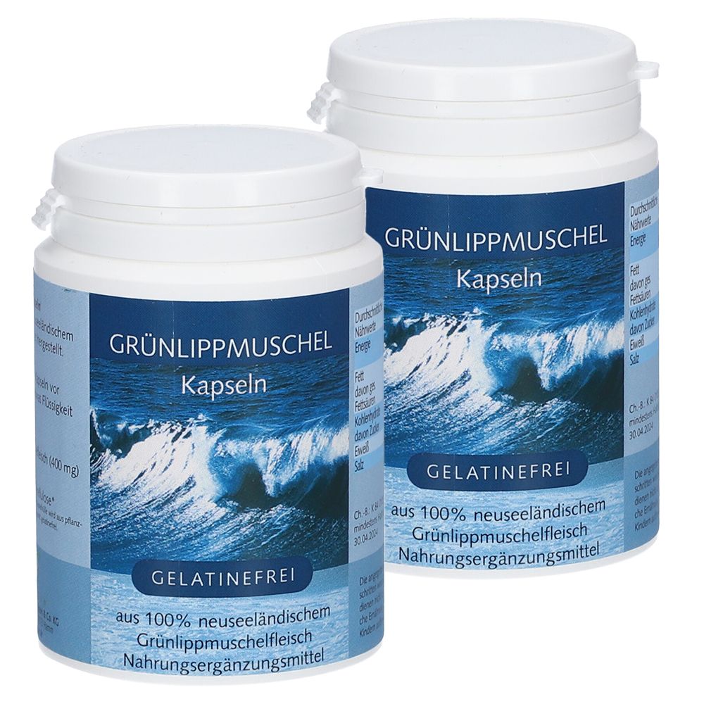 Zwei weiße Dosen mit blauem Etikett. Aufschrift: Grünlippmuschel Kapseln, Gelatinefrei. Nahrungsergänzungsmittel.