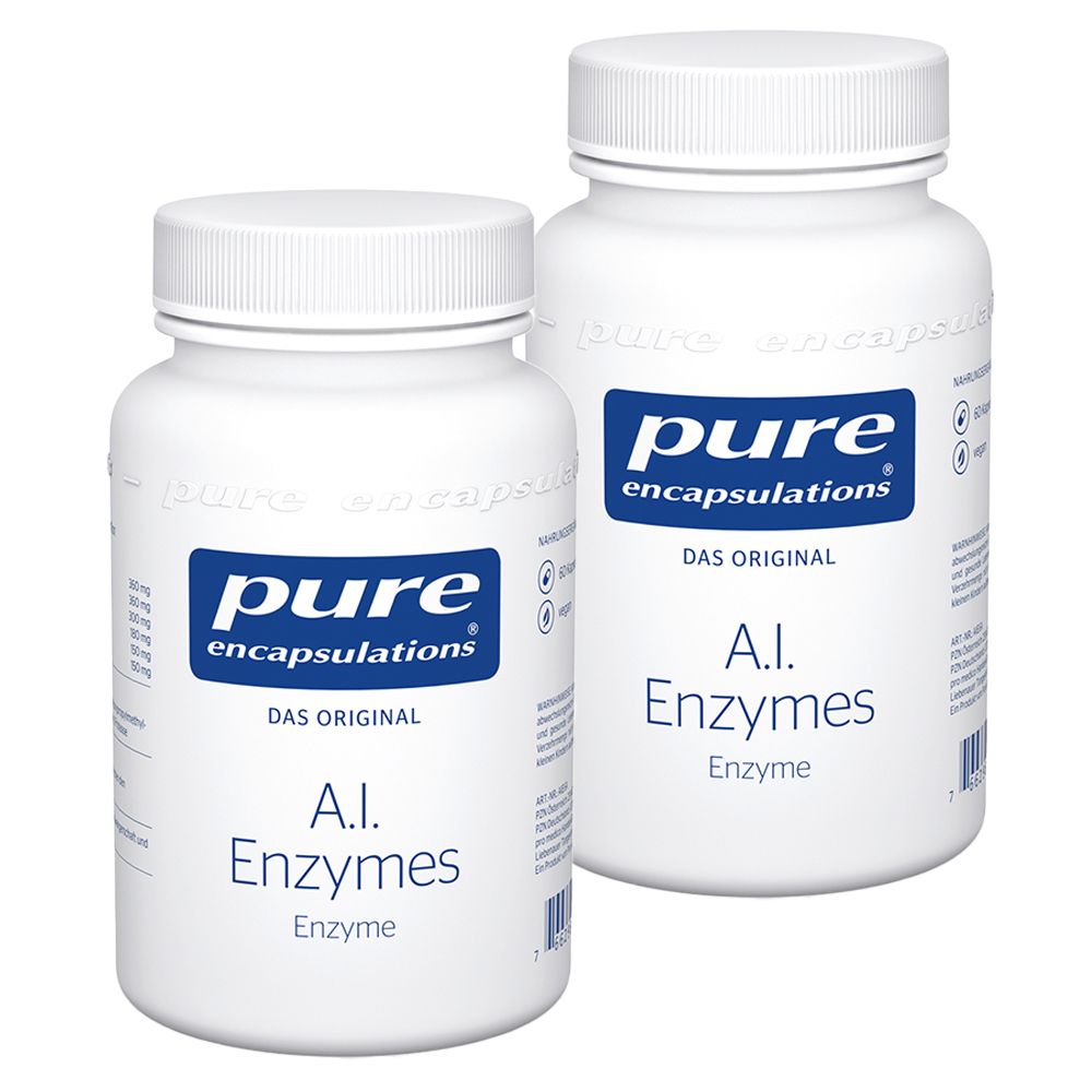 Zwei weiße Flaschen mit blauem Etikett. Aufschrift: pure encapsulations A.I. Enzymes.