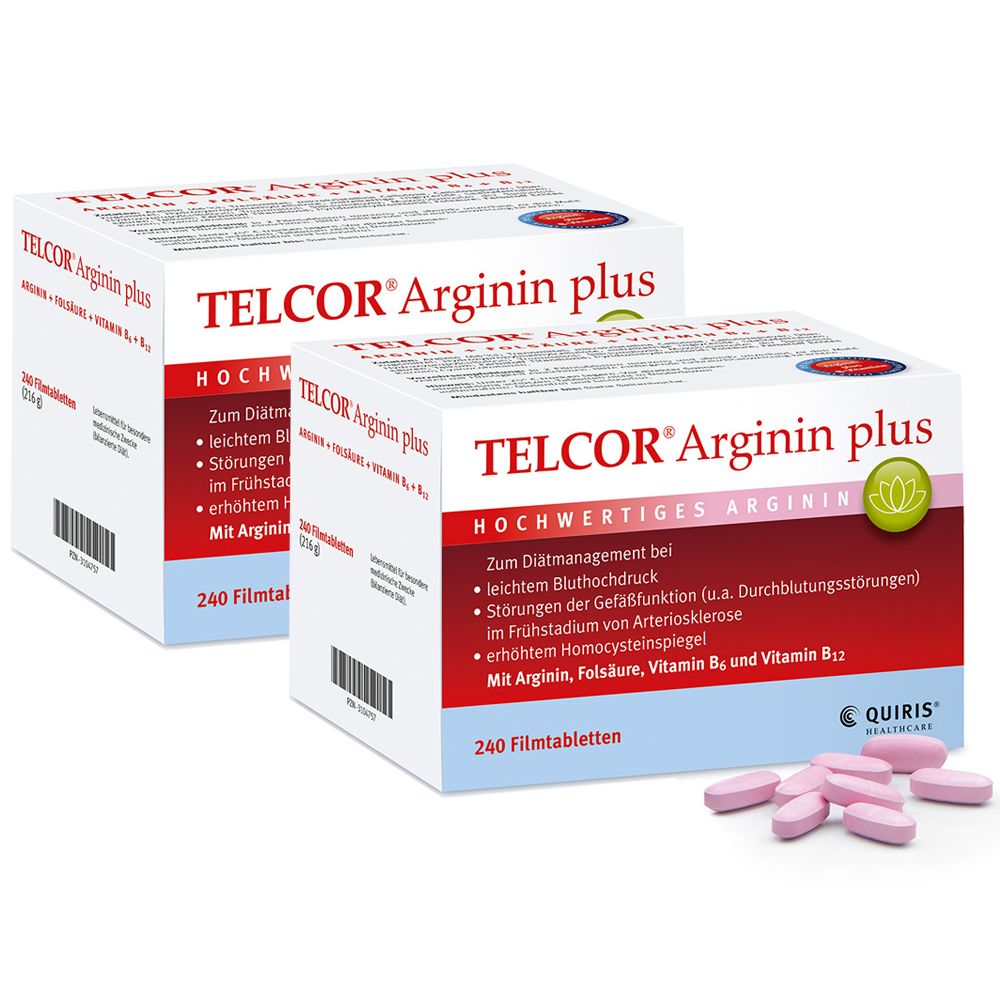 Zwei Schachteln mit "TELCOR Arginin plus"-Tabletten. Aufschrift: "240 Filmtabletten". Einige Tabletten liegen daneben.