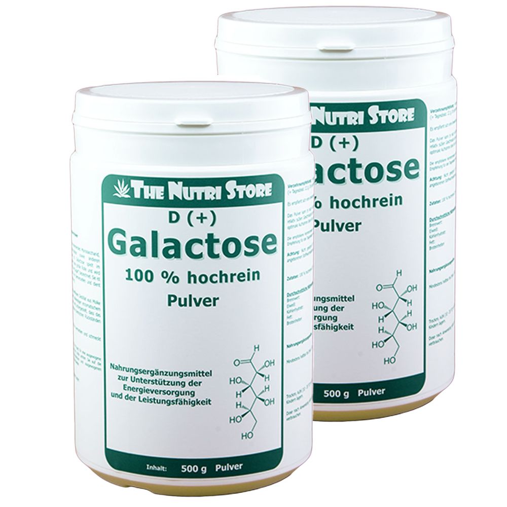 Zwei weiße Dosen mit grünem Etikett. Aufschrift: Galactose 100% hochrein Pulver. Marke: The Nutri Store. Chemische Formel abgebildet.