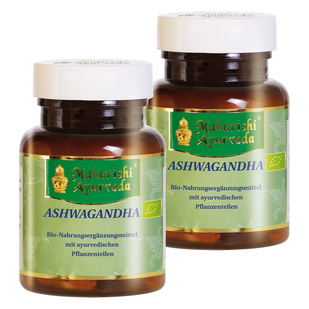 Zwei braune Glasflaschen mit weißen Deckeln. Auf den Etiketten steht "Maharishi Ayurveda Ashwagandha". Bio-Nahrungsergänzungsmittel.