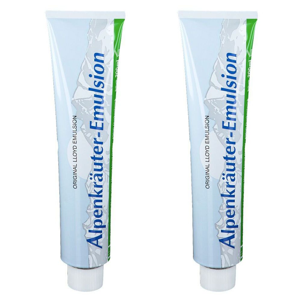 Zwei Tuben Alpenkräuter-Emulsion. Hellblaue Tuben mit weißem Verschluss. Schriftzug Alpenkräuter-Emulsion und Original Lloyd Emulsion.