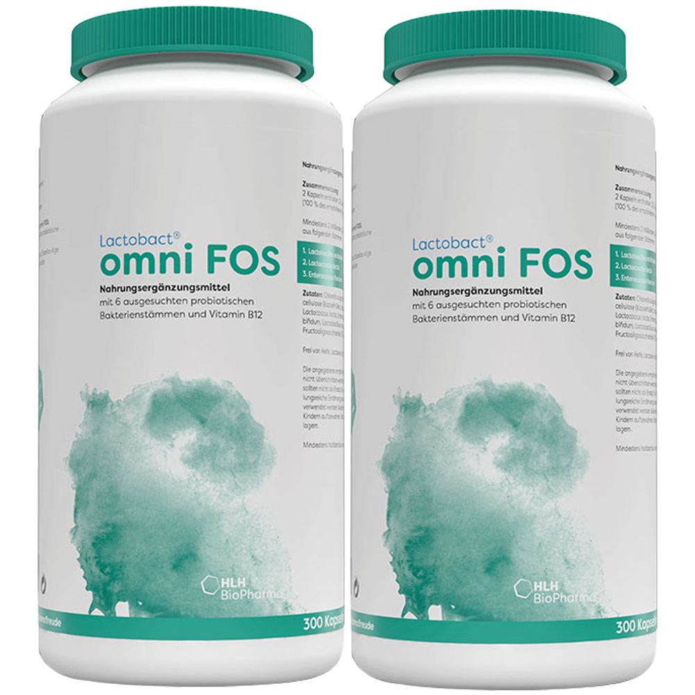 Zwei weiße Flaschen mit grünem Deckel. Aufschrift: Lactobact omni FOS. Nahrungsergänzungsmittel. Mit 6 Bakterienstämmen und Vitamin B12. 300 Kapseln.