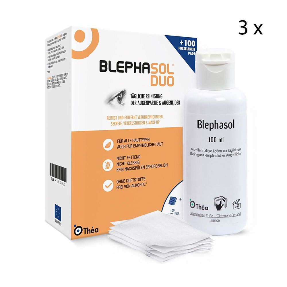 Emballage Blephasol Duo, flacon Blephasol et compresses. Inscription : Nettoyage quotidien des paupières et des cils.