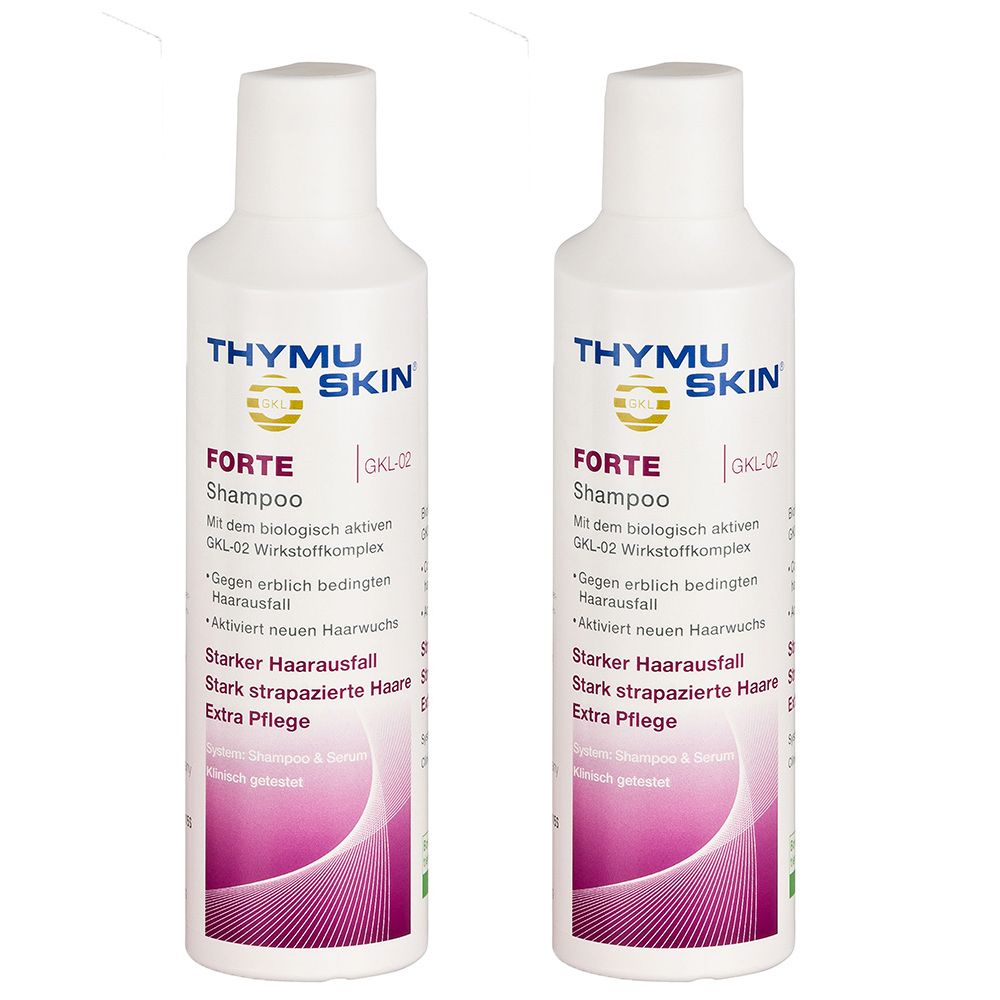 Zwei weiße Flaschen mit weißem Deckel. Aufschrift: THYMUSKIN FORTE Shampoo. Lila Etikett mit Text.