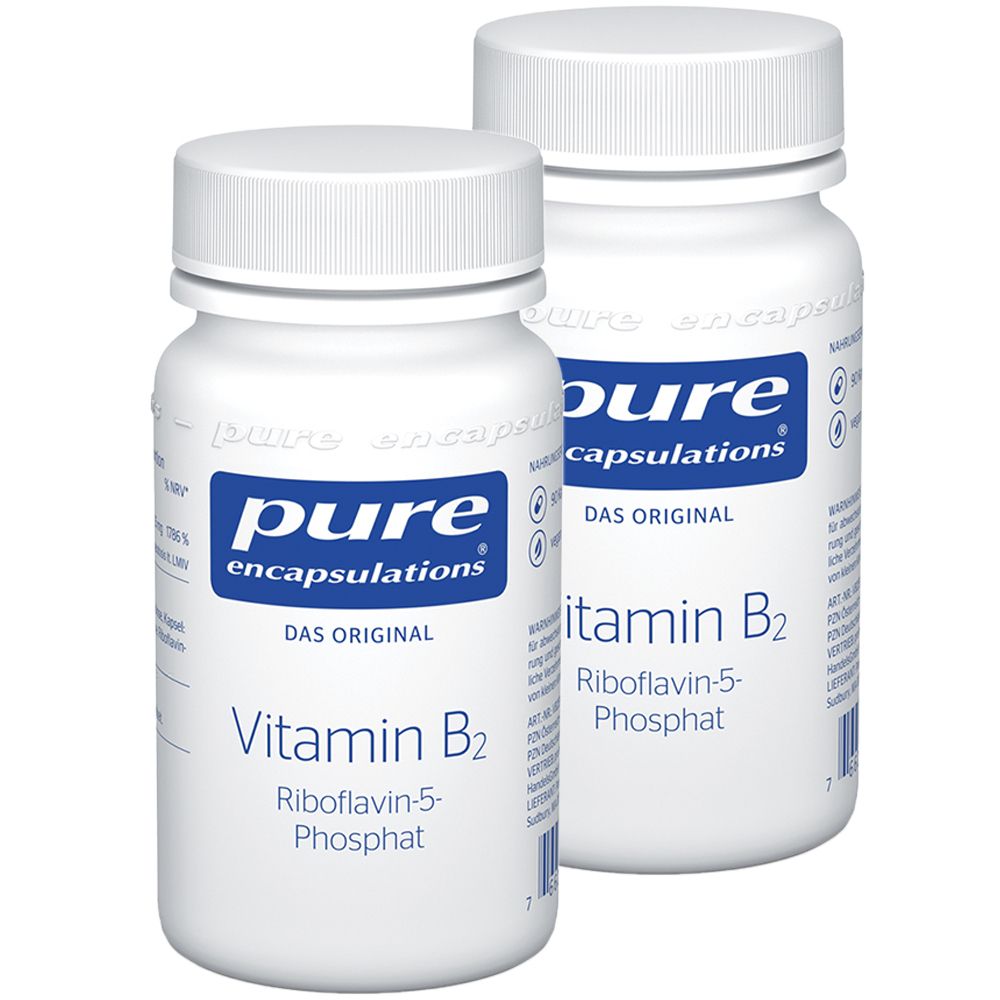 Zwei weiße Flaschen mit Schraubverschluss. Aufschrift: Pure Encapsulations Vitamin B2 Riboflavin-5-phosphat.
