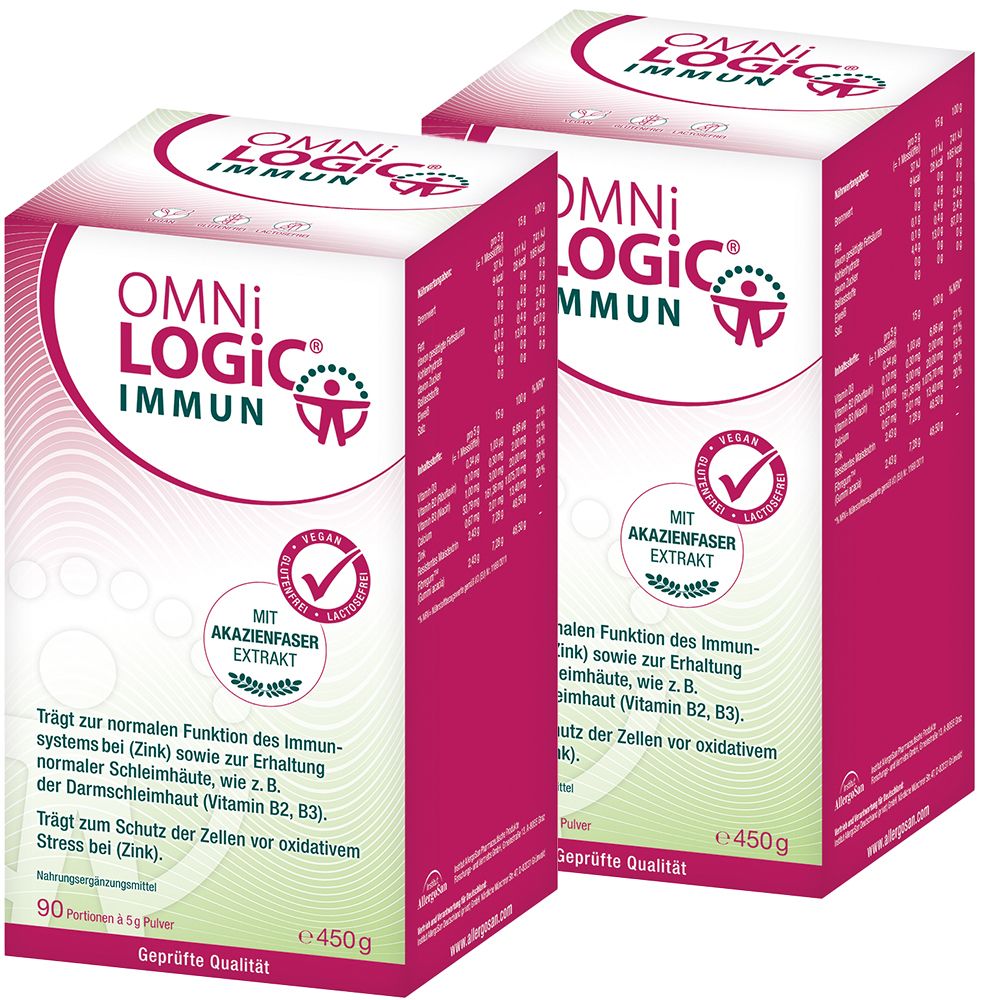 Zwei rechteckige Kartons mit der Aufschrift OMNi-LOGiC IMMUN. Aufdrucke: Vegan, Akazienfaser Extrakt, 450g, 90 Portionen.