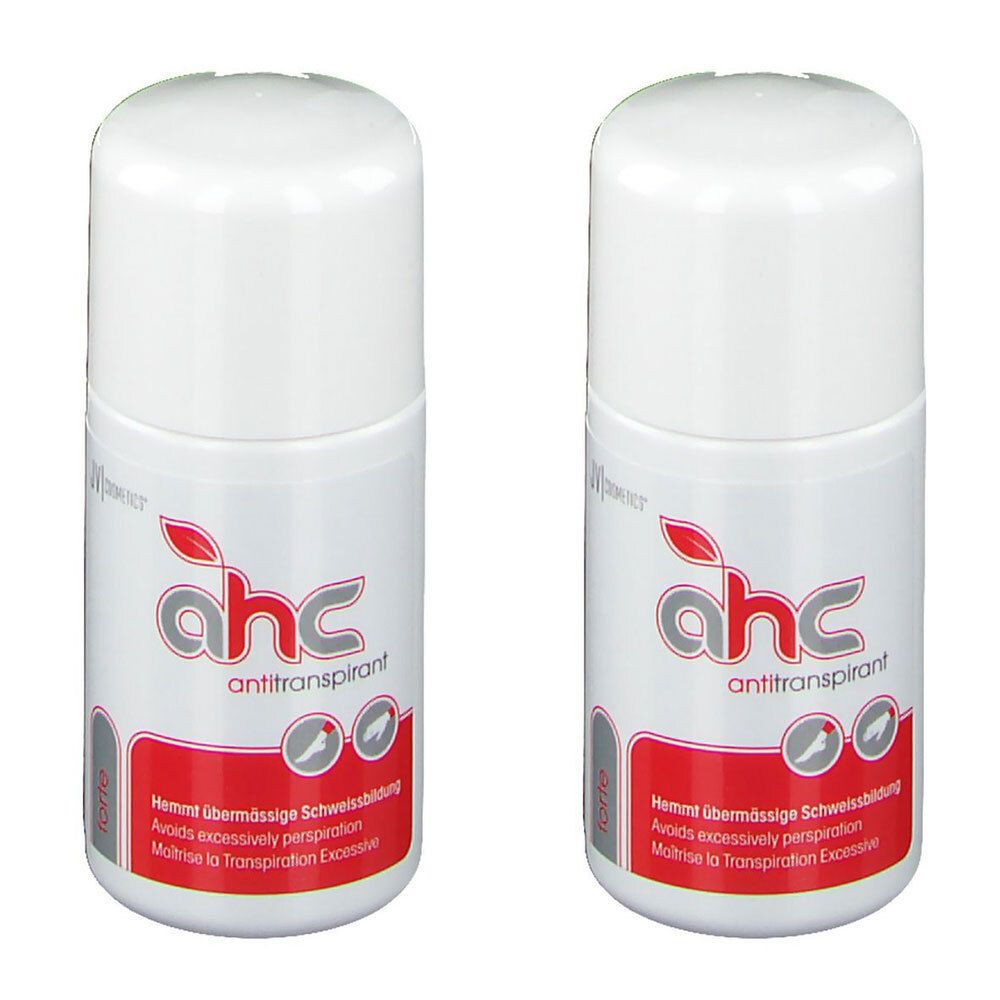 Zwei weiße Roll-on-Antitranspirant-Flaschen. Aufschrift: ahc antitranspirant. Text in Deutsch, Englisch und Französisch.