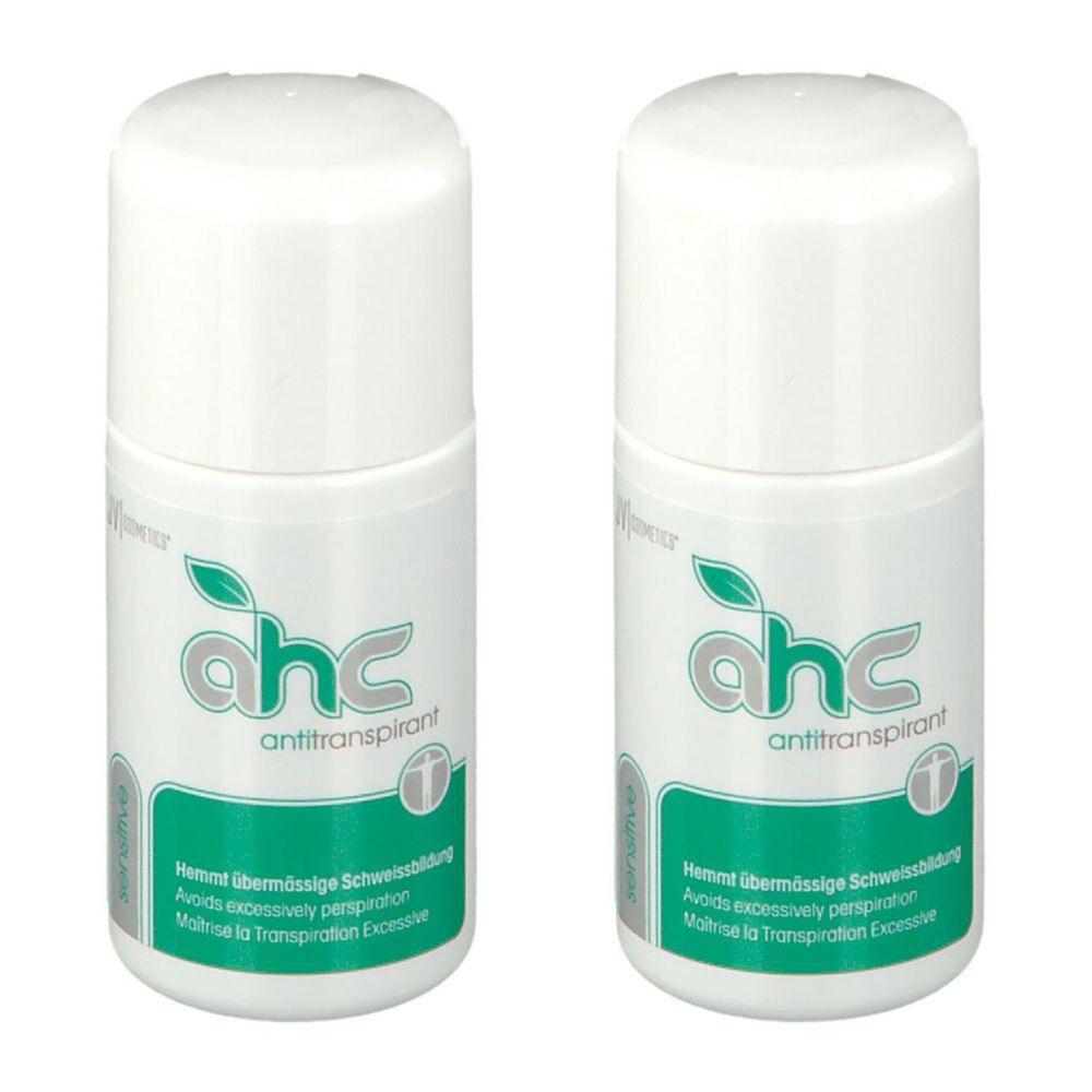 Zwei weiße Roll-on-Deodorants. Aufschrift: ahc antitranspirant. Text in Deutsch, Englisch und Französisch. Grünes Logo und grüne Schrift.