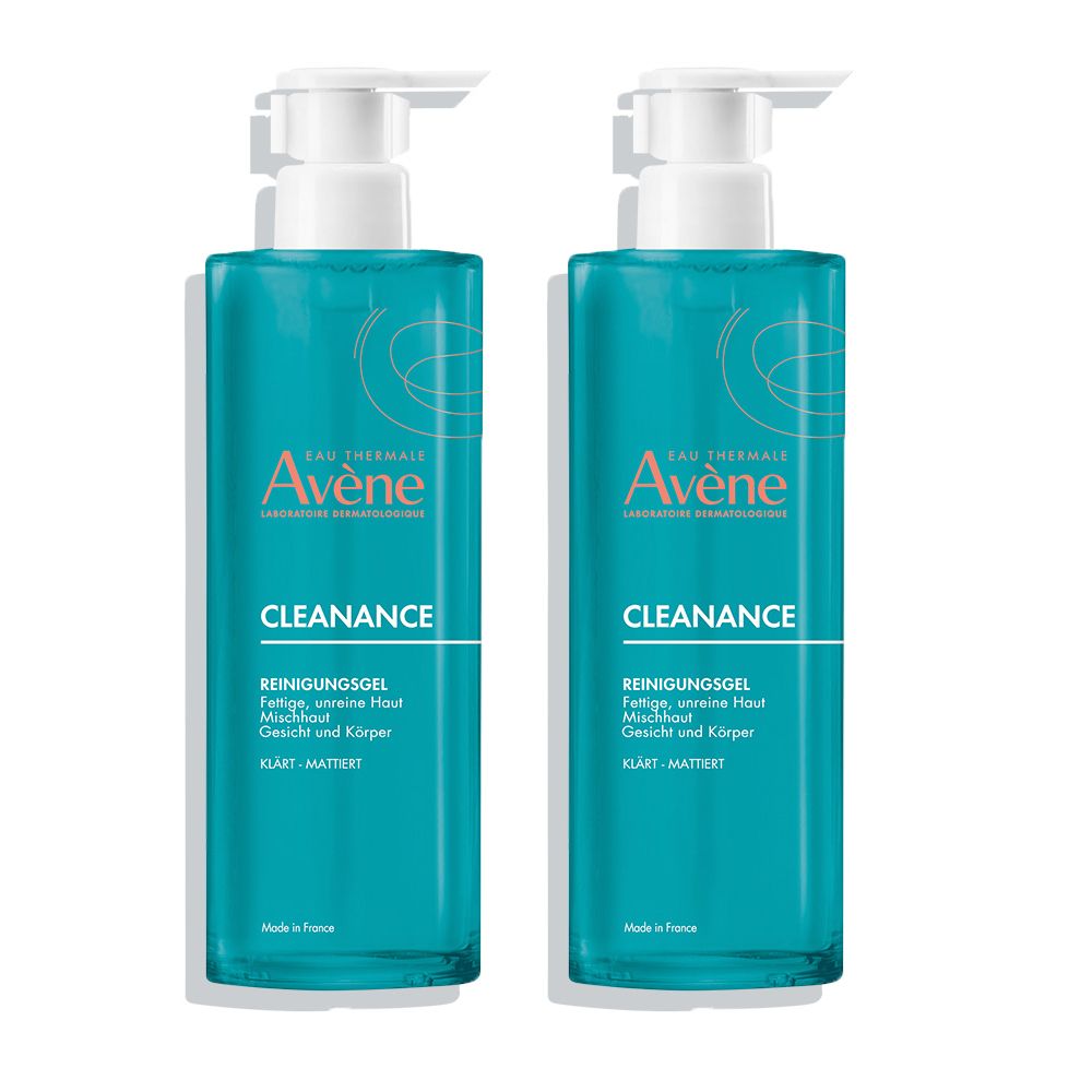 Zwei Flaschen Avène Cleanance Reinigungsgel. Türkisgrüne Flaschen mit weißem Pumpverschluss. Aufschrift: Avène, Cleanance, Reinigungsgel.