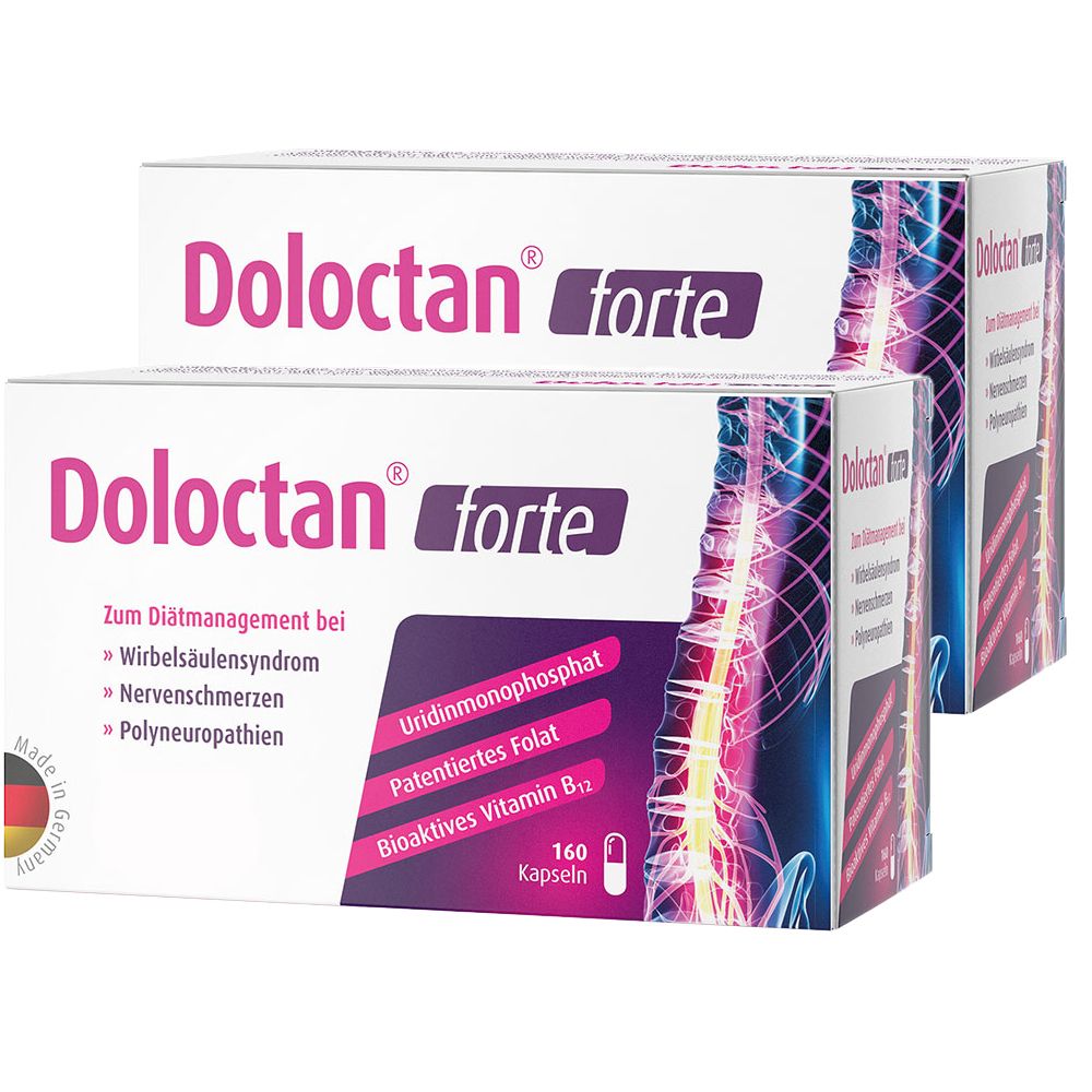 Drei Schachteln Doloctan® forte. Aufschrift: Zum Diätmanagement bei Wirbelsäulensyndrom, Nervenschmerzen, Polyneuropathien. Enthält 160 Kapseln.