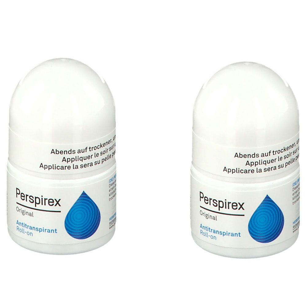 Zwei weiße Roll-on-Flaschen mit blauen Tropfen-Logo und Text. Aufschrift: Perspirex Original Antitranspirant Roll-on.