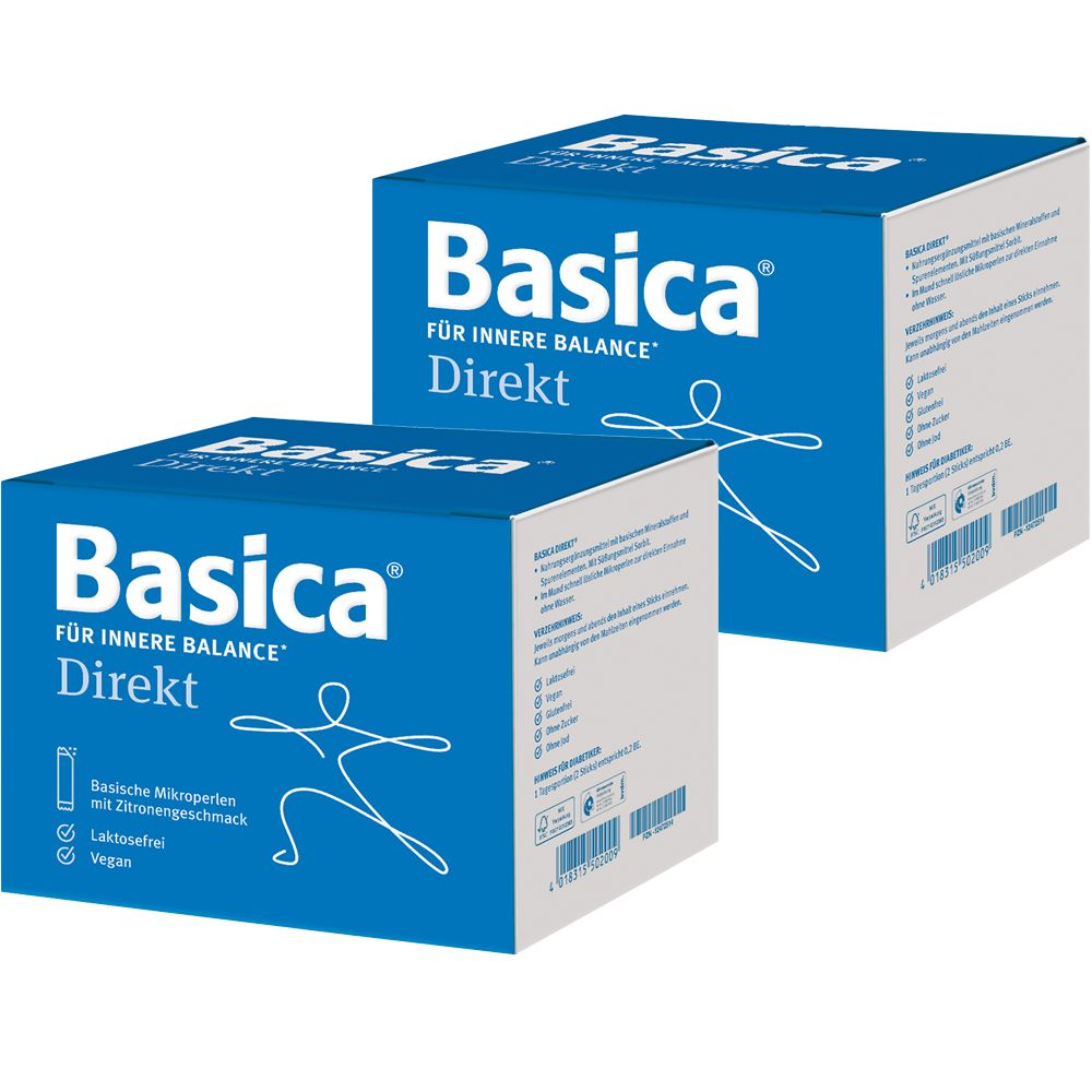 Zwei blaue Kartons mit der Aufschrift "Basica Direkt". Auf einem Karton ist eine stilisierte Person abgebildet. Aufschrift: "Für innere Balance".