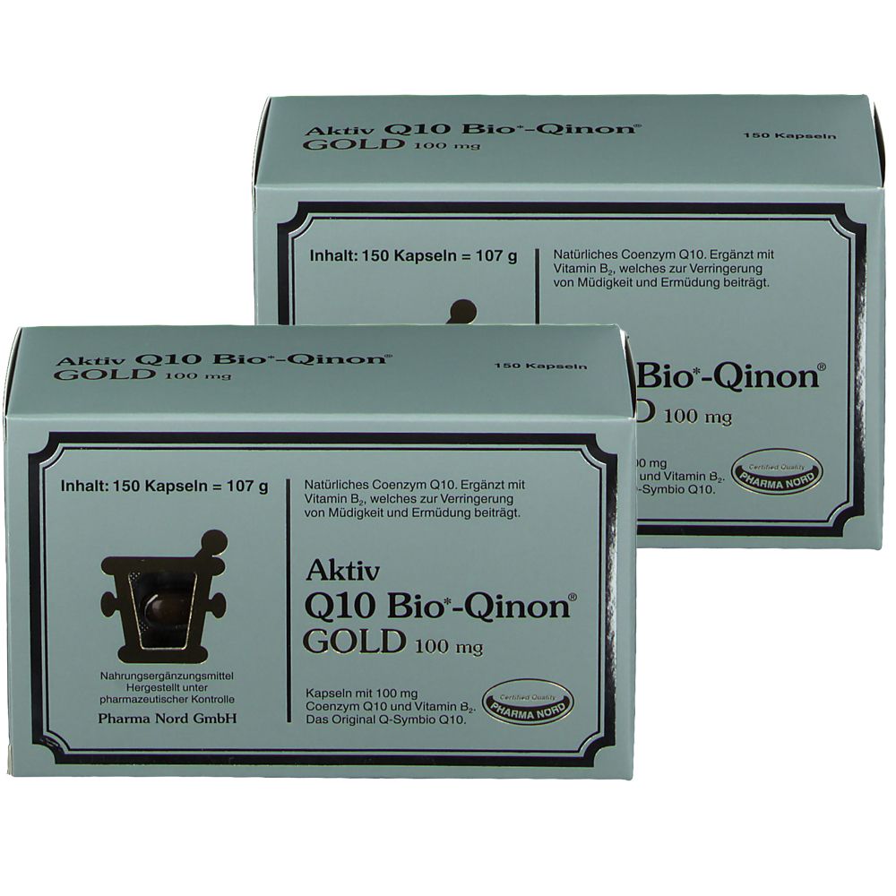 Zwei Schachteln Q10 Bio-Qinon Gold 100 mg. Aufschrift: 150 Kapseln, Pharma Nord GmbH. Text: Natürliches Coenzym Q10.