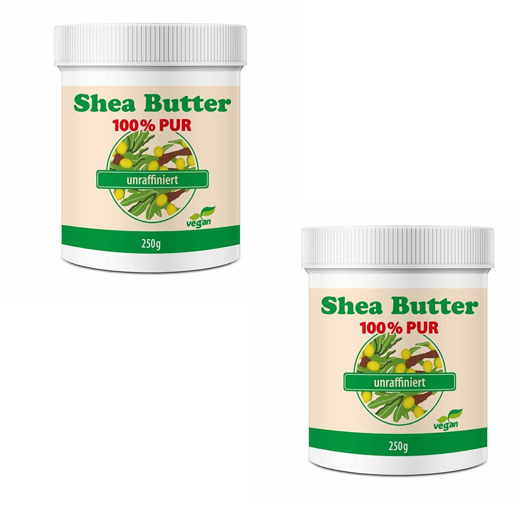 Zwei weiße Tiegel mit Aufschrift Shea Butter 100% PUR, unraffiniert, 250g. Mit grünem Band und vegan-Logo.