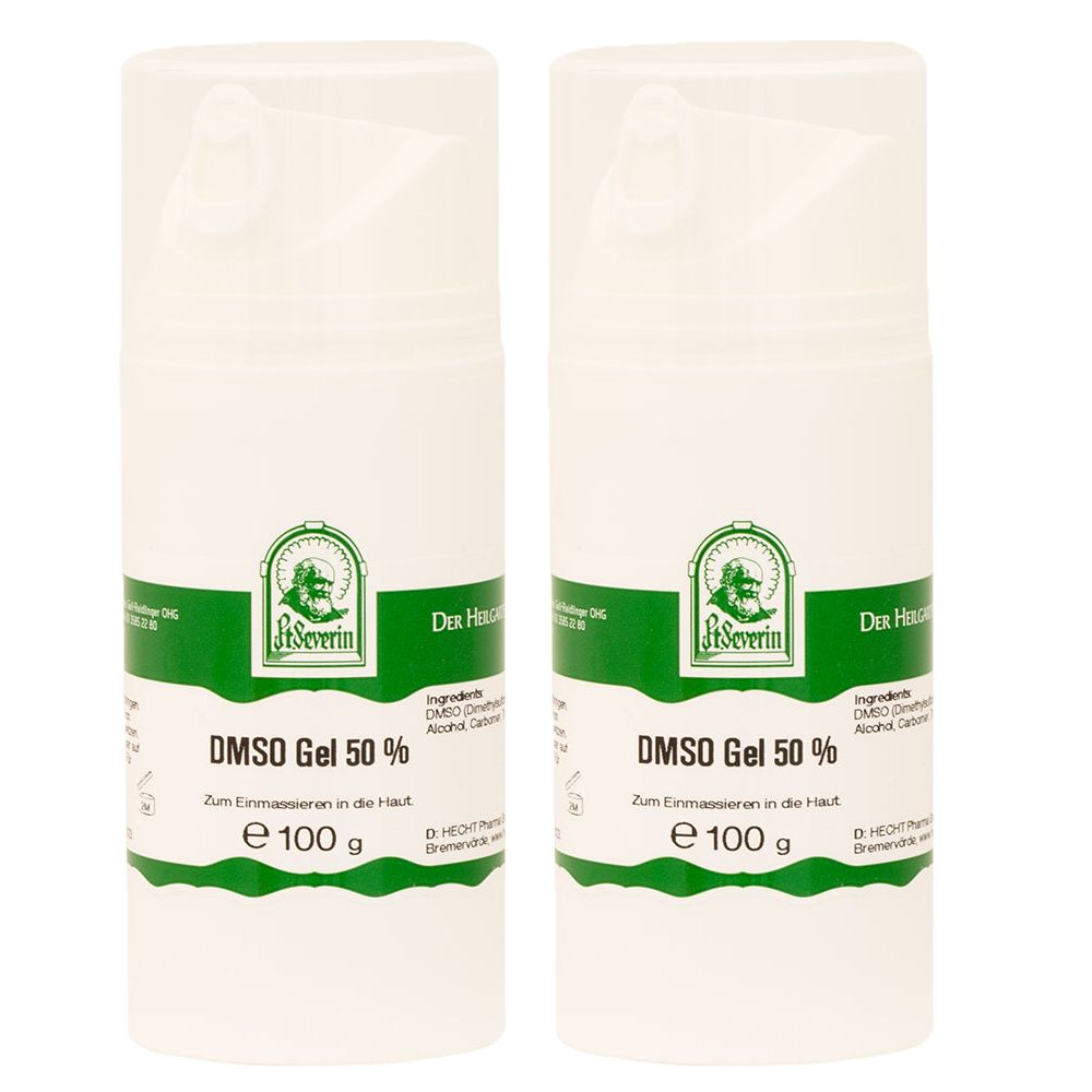 Zwei weiße Flaschen mit grünem Etikett. Aufschrift: DMSO Gel 50 %. E 100 g. Marke: St. Severin.