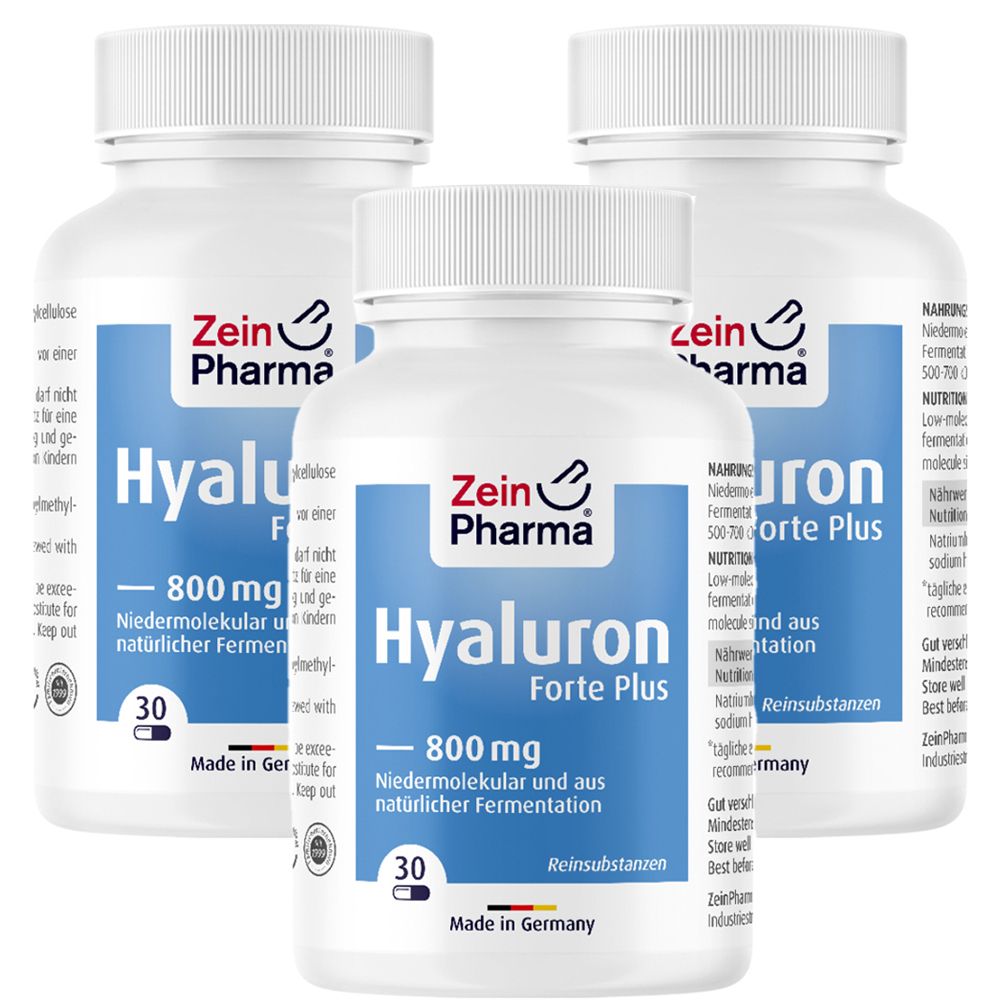 Drei weiße Flaschen mit blauen Etiketten. Auf den Etiketten steht "Hyaluron Forte Plus 800 mg" und "Zein Pharma". Jede Flasche enthält 30 Kapseln.