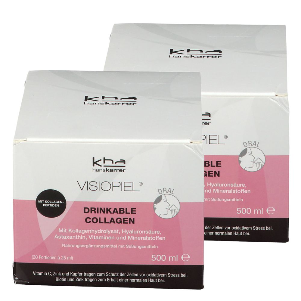 Zwei Kartons HANS KARRER VISIOPIEL®. Aufdruck: Drinkable Collagen, 500 ml, mit Kollagen, Hyaluronsäure, Vitaminen und Mineralstoffen.