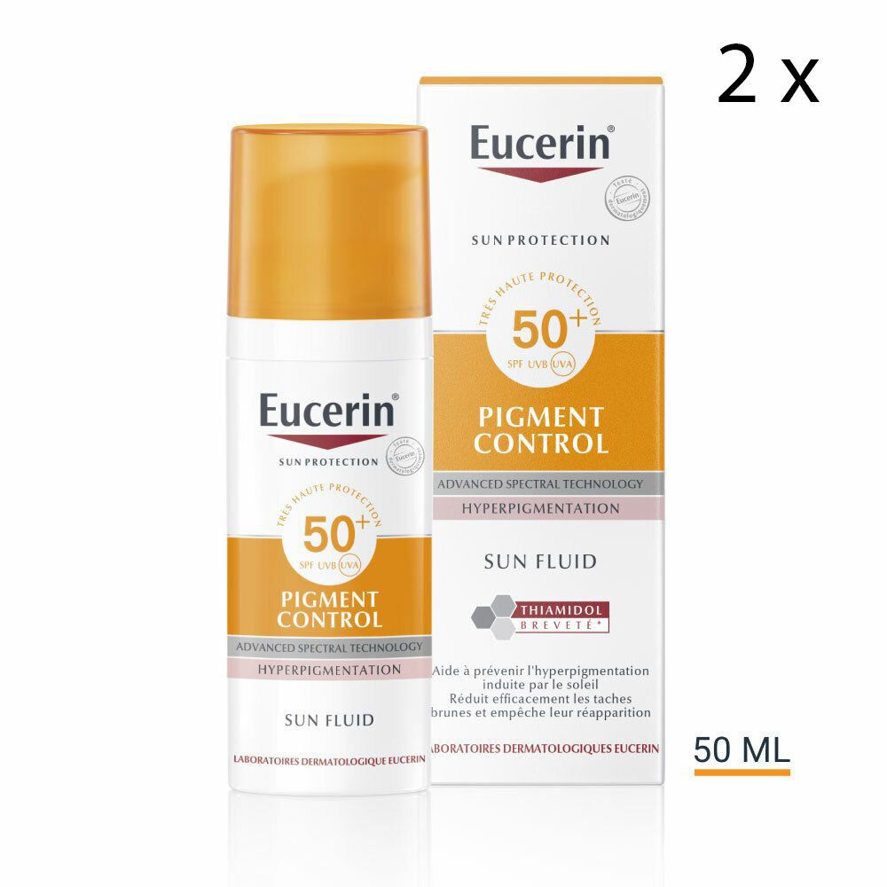 Zwei Flaschen Eucerin Sun Fluid SPF 50+ mit Verpackung. Aufschrift: Pigment Control, 50+ UV-Schutz. Enthält Thiamidol.