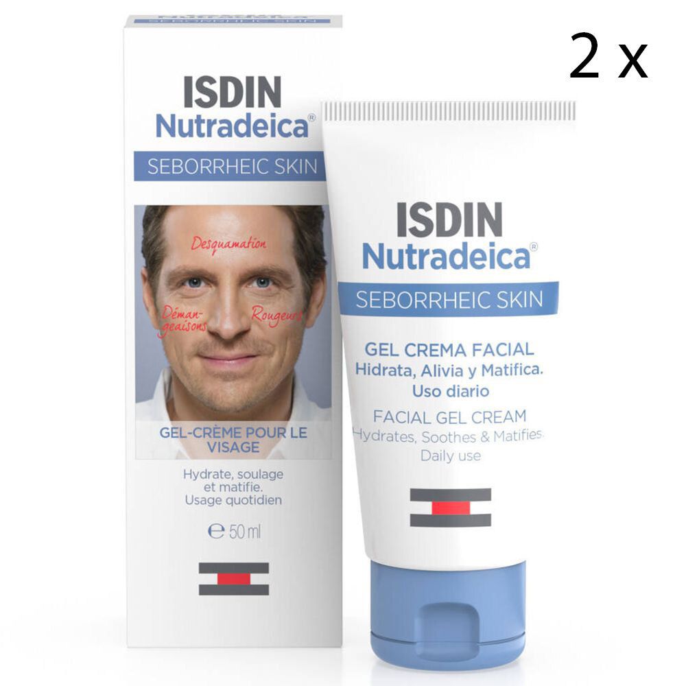 Zwei Tuben und eine Schachtel ISDIN Nutradeica Gel-Creme. Auf der Tube steht "Seborrhoeic Skin". Auf der Schachtel ist ein Mann abgebildet.