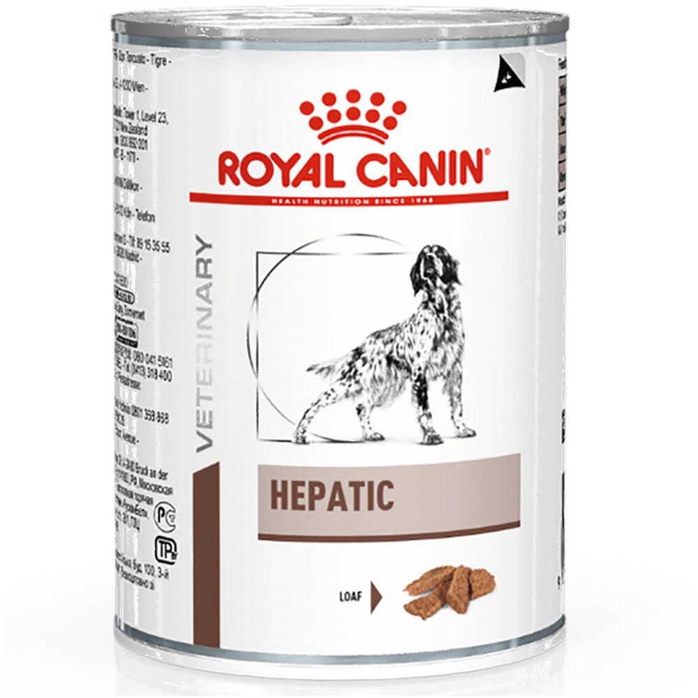 Konservendose mit ROYAL CANIN-Logo und dem Wort "Hepatic". Abbildung eines Hundes und Futterstückchen.