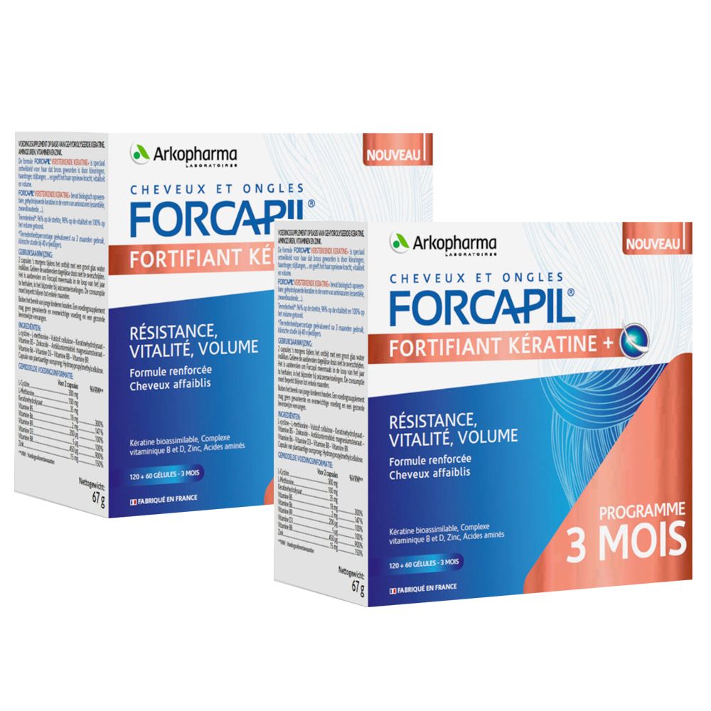 Zwei Schachteln Arkopharma Forcapil. Aufschrift: FORCAPIL, FORTIFIANT KÉRATINE +, RÉSISTANCE, VITALITÉ, VOLUME. Mit „NOUVEAU“ und „PROGRAMME 3 MOIS“.