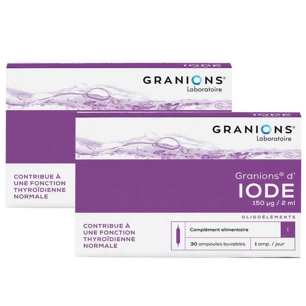 Deux boîtes de Granions d'IODE. Inscription : 150 µg/2 ml, 30 ampoules buvables. Contribue à une fonction thyroïdienne normale.
