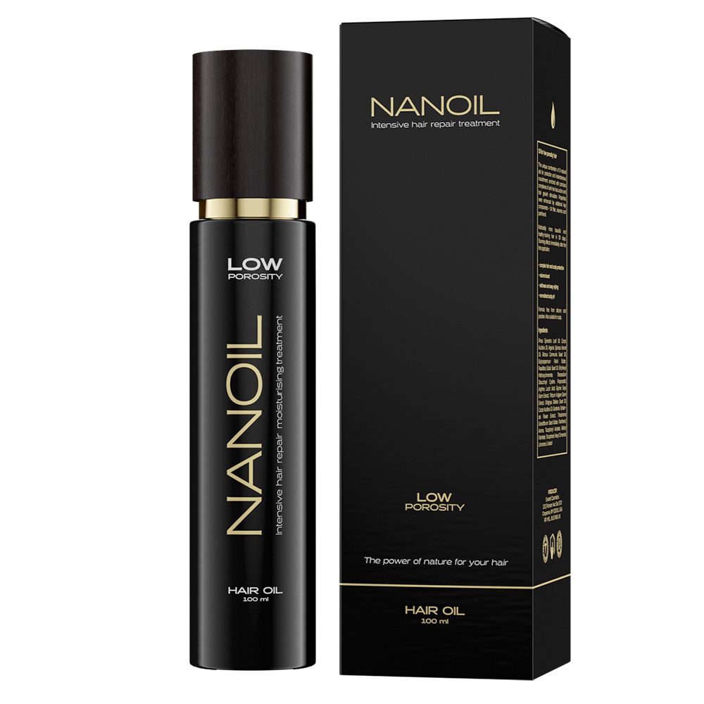 Flacon noir avec texte doré: NANOIL Hair Oil, LOW POROSITY. Emballage noir avec informations produit.