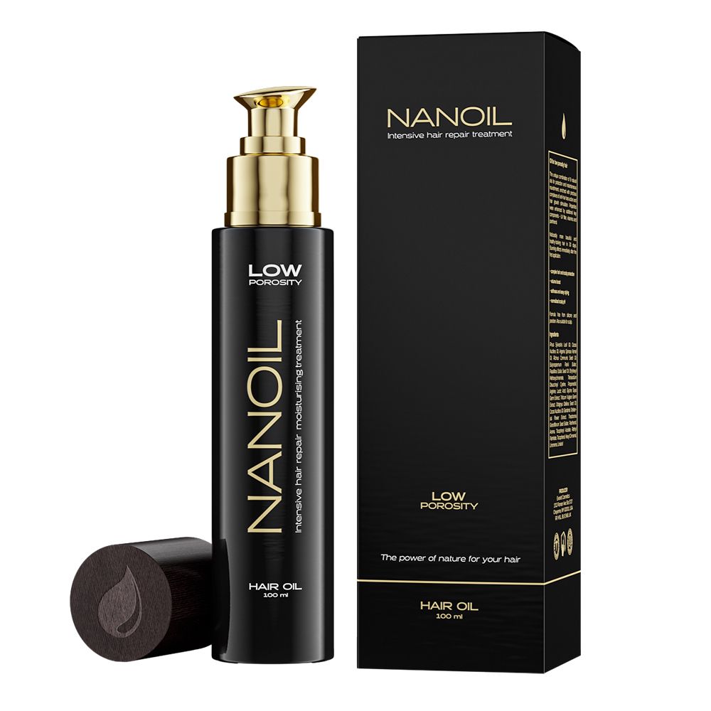 Flacon noir avec texte doré: NANOIL Hair Oil, LOW POROSITY. Pompe dorée. Emballage noir.