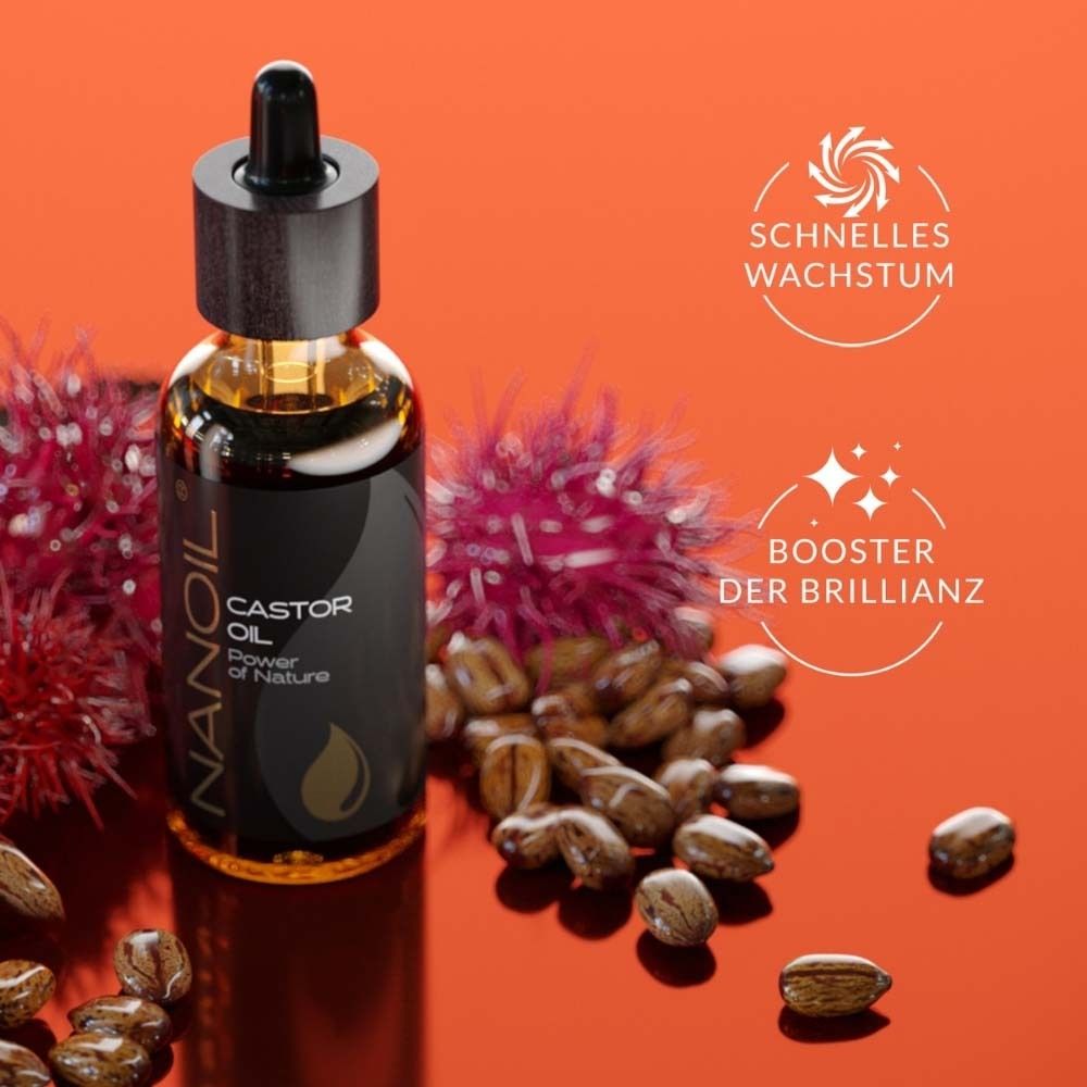 Flasche mit schwarzem Etikett und Samen. Aufschrift: NANOIL, Castor Oil. Text über schnelles Wachstum und Brillanz.