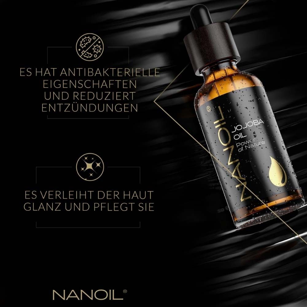Produktflasche mit Text. Flasche aus braunem Glas mit schwarzem Etikett. Text: NANOIL Jojoba Oil. Text über Eigenschaften.