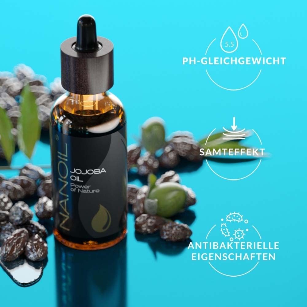 Produktflasche mit Icons. Flasche aus braunem Glas mit schwarzem Etikett. Icons: pH-Gleichgewicht, Samteffekt, antibakteriell.