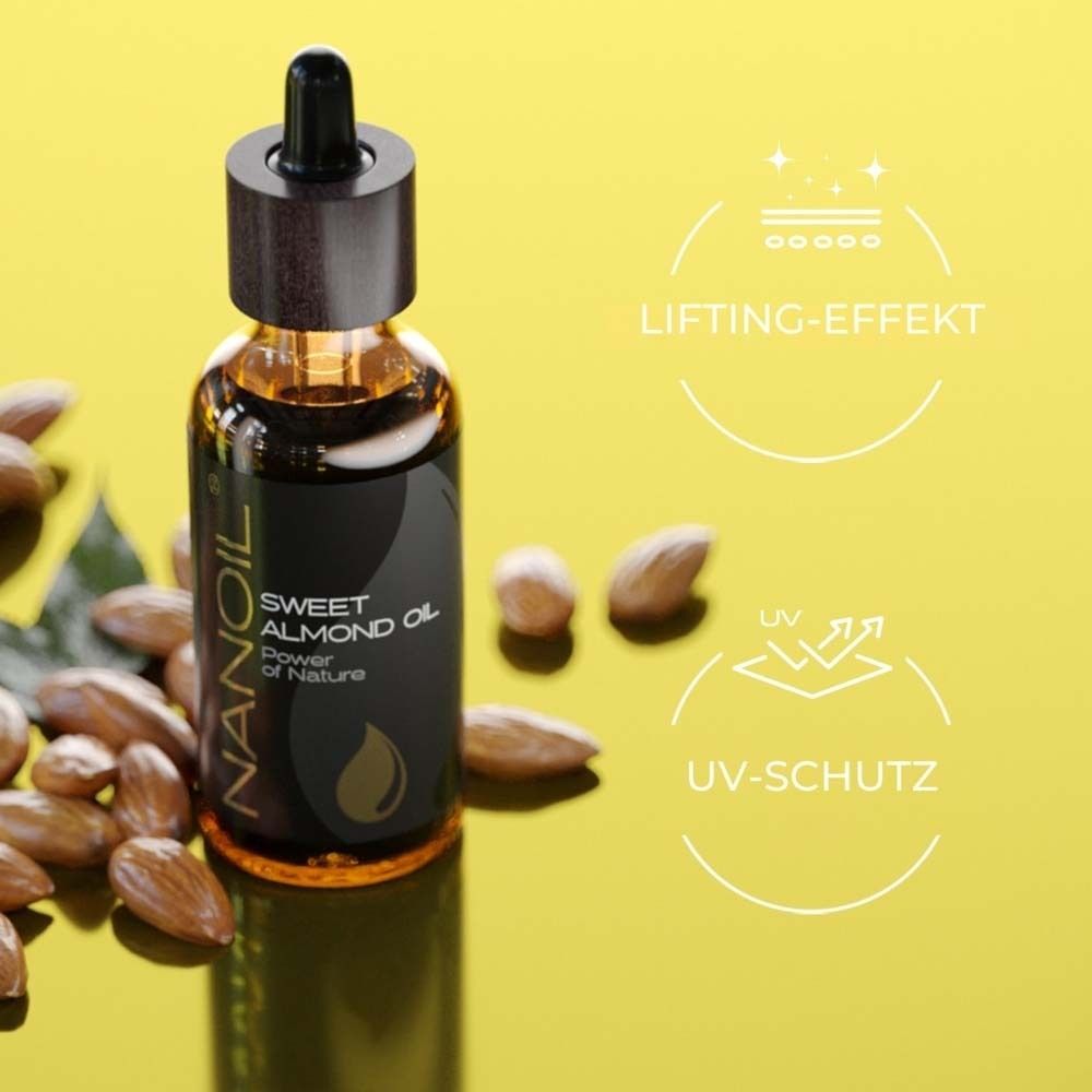Produktflasche und Symbole. Aufschrift: NANOIL Sweet Almond Oil. Symbole: Lifting-Effekt, UV-Schutz.
