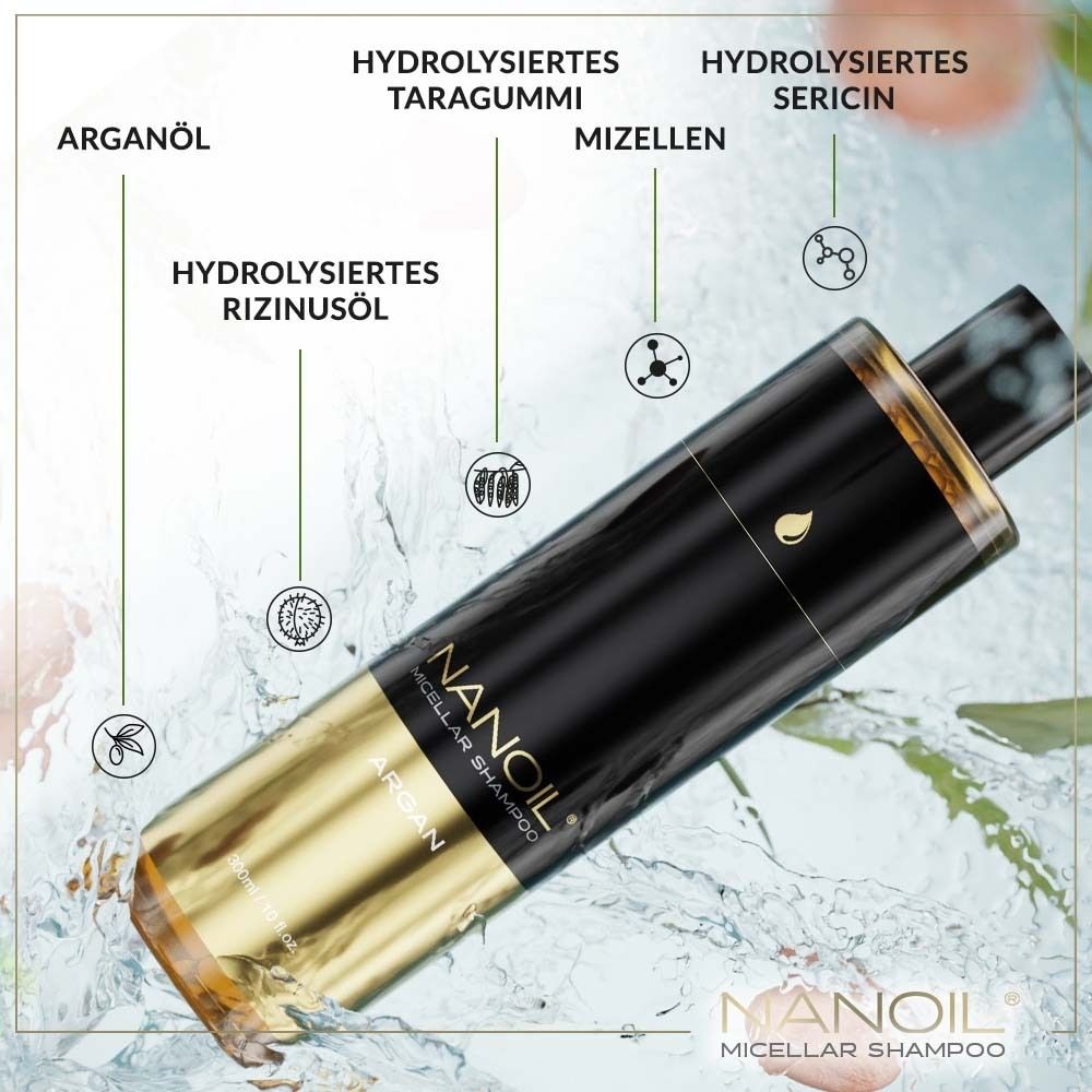 NANOIL Argan Mizellen Shampoo. Produkt mit Inhaltsstoff-Kennzeichnungen. Text-Elemente.