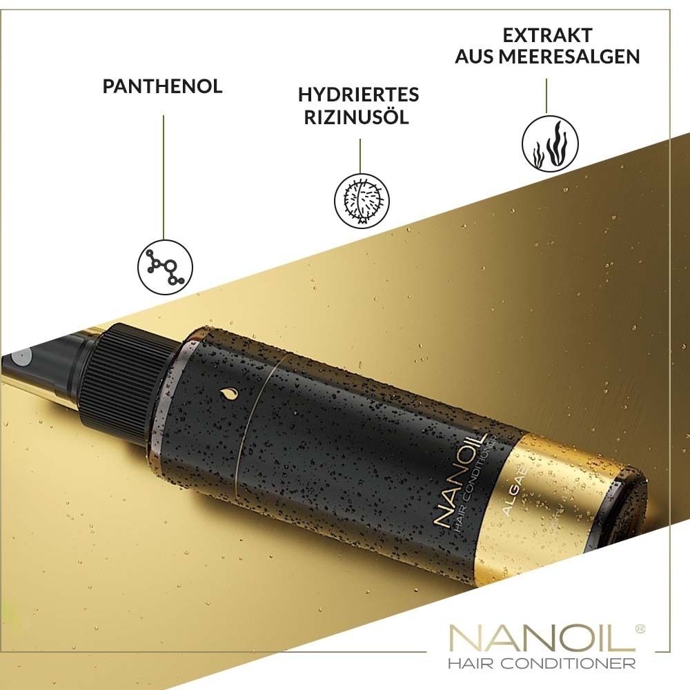 NANOIL® Algen Haarspülung. Schwarze Flasche mit Sprühkopf. Text: Panthenol, hydriertes Rizinusöl, Meeresalgenextrakt.