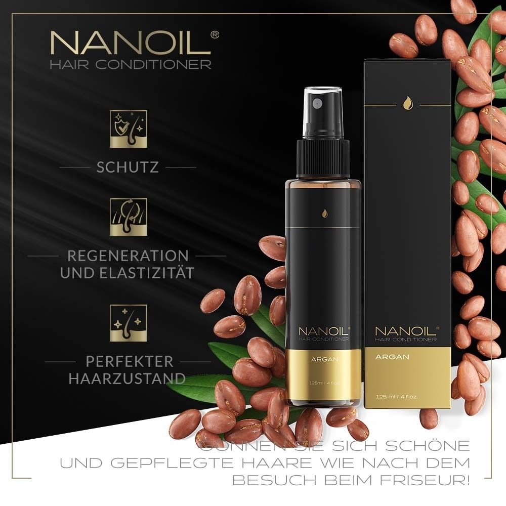 NANOIL® Argan Haarspülung. Flasche mit Sprühkopf, Arganöl und Verpackung. Text: Schutz, Regeneration.
