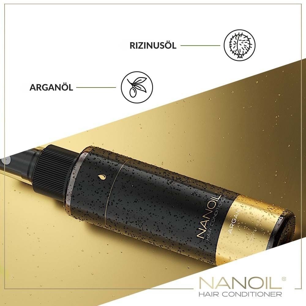 NANOIL® Argan Haarspülung. Schwarze Flasche mit Sprühkopf. Text: Arganöl, Rizinusöl.