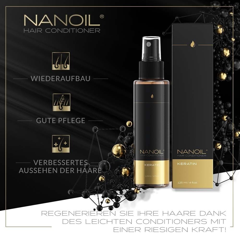 NANOIL® Keratin Haarspülung. Schwarze Flasche mit Sprühkopf und goldener Basis. Mit Verpackung.