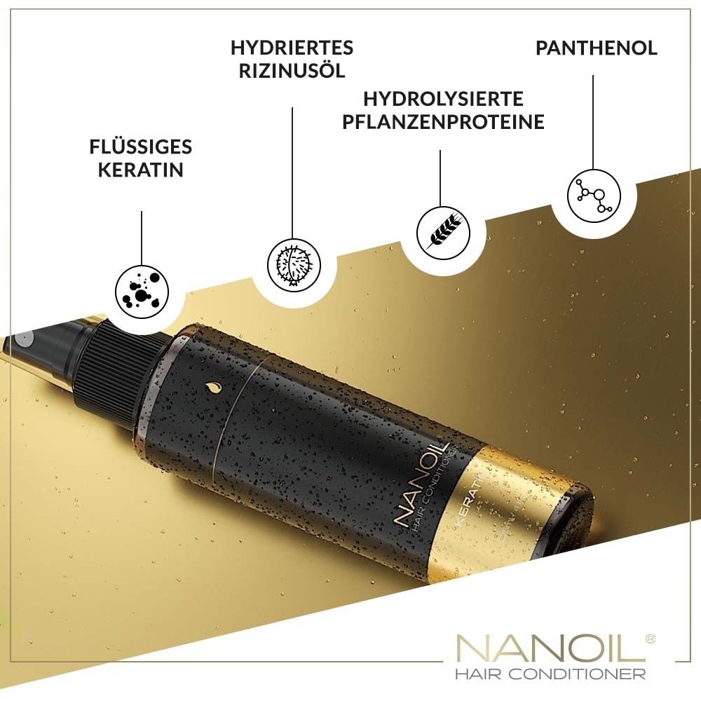 NANOIL® Keratin Haarspülung. Schwarze Flasche mit Sprühkopf und goldener Basis. Inhaltsstoffe.